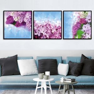 Lussureggianti fiori rosa viola 3p KIT tela pittura moderna decorazione domestica soggiorno camera da letto decorazione della parete immagine