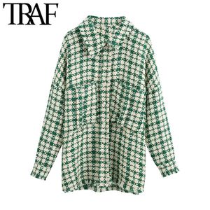 TRAF Women Fashion With Pocket Oversized Tweed Jacket Coat Vintage Long Sleeve Frayed Tassel Female Outerwear Chic Tops 201029