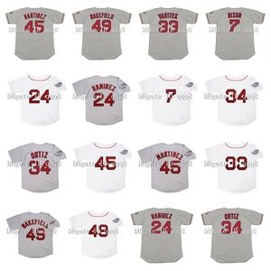 NA85 2004 Retro Manny Ramirez Jersey David 34 Ortiz 7 Trot Nixon 45 Pedro Martinez 33 Jason Varitek 49 Tim Wakefield 33 Jason Varitek Grey White