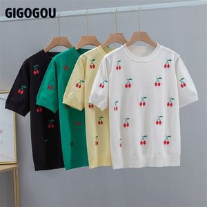 Gigogou wiśni haft letnie kobiety moda moda Podstawowa luźna koszulka z krótkim rękawem TOP OGNISED Kobietowa koszulka koszulka 220328