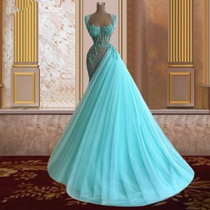 Glitter Mermaid Prom Dresses Pearls Tulle Long Evening Dress Custom Made with Train Illusion Red Carpet Celebrity Party Gown