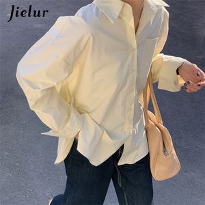 Jielur Fashion Tops Damskjorta Chic Turn-down Collar Shirt Långärmad Gul Vit Rosa Blå Blus Hipster Koreansk Vår 220407