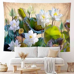 Summer Lotus Tapestry Bohemian Living Room Wall Canvas mattan dekorativa målningsdekorationer Mattor Tapiz J220804