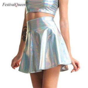 2022 Sexy PU Flashing Metallic Colours Mini spódnice Kobiety Elastyczne wysoką talię plisowaną spódnicę Flare Spódnica Moda Summer Streetwear T220819