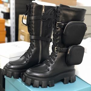 Women Rois Boots Nylon Derby Half Martin boots Battle Leather Shoes Combat Boots Black Rubber Sole Platform Shoes Nylon Pouch NO49