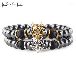 Charm Bracelets Natural Stone Hematite Lava Black Beads Golden Wolf Panther Crown Sparta Bracelet For Women Men Bangles JewelryCharm Inte22