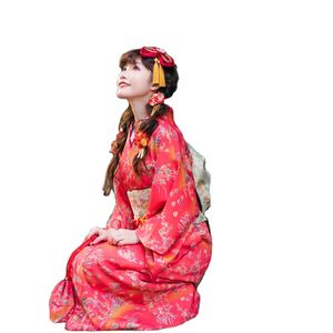 Japansk Etnisk Kläder Lady Röd Blommor Mönster Kvalitet Material Kimono Anti Wrinkle Stylish Photography Spring Summer Wear