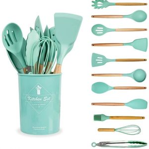 4 Color Kitchen Cookware Silicone Heat Resistant Non-Stick Wooden Handle Cooking Utensils Set with Storage Box Kitchen Tools 201022