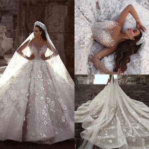 Lussuoso abito da ballo principessa Abiti da sposa Paillettes lucidi Scollo a V Manica lunga Senza spalline Paillettes in pizzo Fiori 3D Perline Treno lungo Abiti vintage da sera