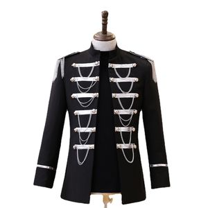 Bar Male Singer Punk Court Jacket Silver Metal Chain Tassel Slim Military Uniform Coat Stage Wear Star Dance Team Performance Outerwear Punk Costumes