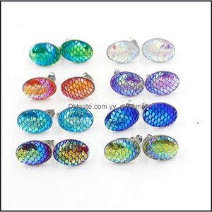 Stud 13x18mm Oval Denizkızı Balık Ölçeği Küpeler Paslanmaz Çelik Küpeler Drusy Druzy Mücevherler Kadın Parti Hediye Elbise Şeker Renk DHS38