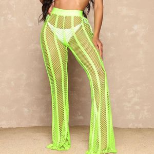 Women's Swimwear Sexy Hollow Out Fishnet Mesh Pants Women Bikini Cover-ups Bottoms 2022 See Through High Waist Flare Trousers