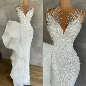 2022 Beaded Mermaid Wedding Dresses Ruffles Bridal Gown Jewel Neck Sleeveless Golvlängd Satin Custom Made Plus Size Arabic Illusion Sheer Vestido de Novia 401