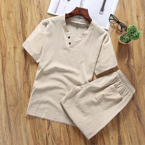 Bomulls- och linne mäns 2-stycken Tracksuits Kort ärm Summer Brand Vintage V Neck Linen Suits For Men (T-Shirt+Shorts)