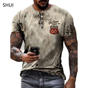 夏のメンズレトロTシャツUSルート66レタープリントショートドリーエレベッド特大のルーズY2K服oネックトップストリートウェア6XL 220610