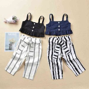Pudcoco 1-4y 2pcs Moda Toddler Bebek Kız Çocuk Giyim Set Üstleri Yelek Çizgili Pantolon Kıyafetleri Yaz Takım G220509