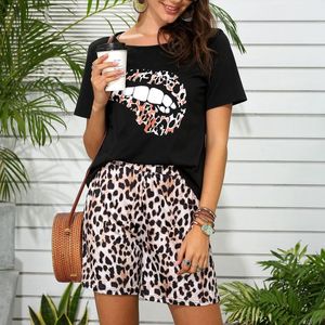 Women's Tracksuits Summer Women Tracksuit Leopard Black Tees And Shorts Two Piece Outfits For Lady Homewear 2022 Female Lips Print Casual Su