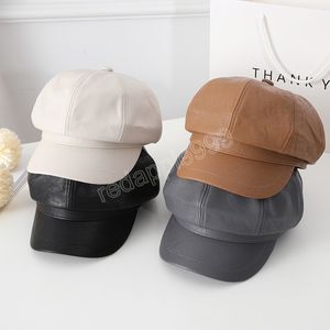 Wysokiej jakości artystka mody Pu skóra Koreańska ośmioboczna czapka wiosna zima swobodna beret kobiet płaski kapelusz