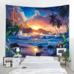 Seaview Tapestry At Sunrise Stampa digitale 3D Appeso a parete Soggiorno Camera da letto Decorazione Tappeto J220804