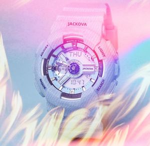 人気のスポーツデジタルクォーツドゥエルコアムーブメント男性タイムクロック女性男性の世界時間導かれたコールドライトデュアルディスプレイラバーベルト腕時計