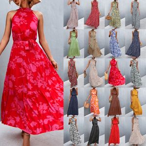 2022 Summer Women's Long Dress Polka Dot Print Halterneck Tie Maxi Dress Vestidos Largos Elegantes Designer Plus Women Clothing Vestido Luxury Robes Party Robe
