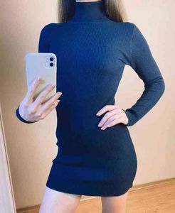 Women Office Lady Slim Pit Knitted Sweater Dress Long Sleeve Turtleneck Solid High Street Casual Dress 2021 Winter Fashion Dress G1214