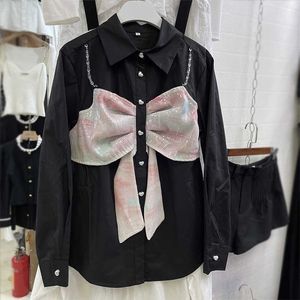 DEAT Women Beads Bow Decoration Straight Shirt Turn-down Collar Long Sleeve Fashion Spring Summer 11B138 210709