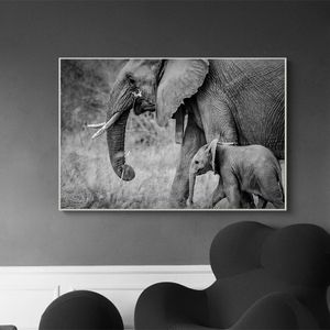 Elefanti selvaggi in bianco e nero Madre figlio Animali Dipinto su tela Poster e stampe Immagine Cuadros Wall Art per soggiorno