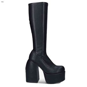 Boots Punk Style Autumn Winter Elastic Microfiber Shoes Woman Ankle High Heels Black Thick Platform Long Knee 220811