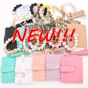 NEW!!! Fashion PU Leather Bracelet Wallet Keychain Party Favor Tassels Bangle Key Ring Holder Card Bag Silicone Beaded Wristlet Keychains Handbag FY3399