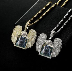 Benutzerdefinierte Fotorahmen Gedächtnismedaillons Engel Flügel Square Anhänger Halskette für Männer Bling Iced Out CZ Hip Hop Rapper Juwely Geschenk