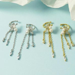 Clip-on & Screw Back Exquisite Elegant Pearl Flower Long Tassel Clip Earrings For Women 925 Sterling Silver Non Pierced Ears Jewelry Girl Gi