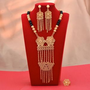 Ohrringe Halskette 24k Dubai Gold Farbe Schmuck Sets Für Frauen Afrikanische Indien Party Hochzeit Anhänger Armreifen Set GeschenkeOhrringe