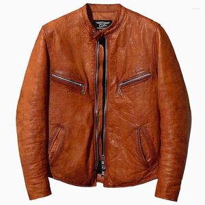 Couro masculino Faux Vintage 2022 Sheepskin Paquistão Stand Genuine Stand Collar Motorcycle Jacket Men Black Wrinkle Coat Macho