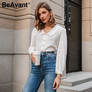 Beavant Elegant White Autumn Winter Women Blus Vintage Doll Collar Long Sleeve Female Shirt Fashion Pocket Blus 210709