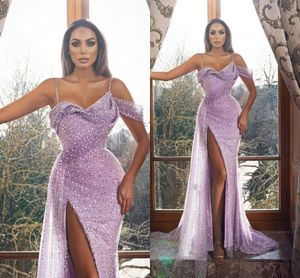 Wholesale glitter long dress resale online - Lilac Sequined Split Evening Dresses Sexy Spahgetti Straps Backless Tulle Long Prom Dresses Glitter Women Occasion Party Gowns