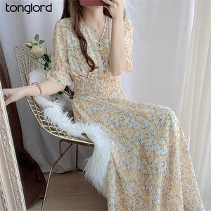 Casual Floral Printed Women Chiffon Dresses Summer Half Sleeve V-Neck Pleated Long Dresses Mujer Vestidos Size 5XL 220516