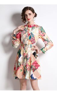2022 Casual ColorBlock Print Mini Dress Women's Stand Collar Lantern Sleeve Single Breasted Vintage Belt Short Vestidos