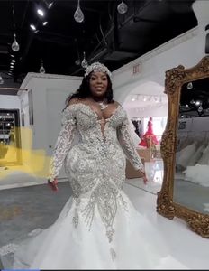 Plus Size Arabic Mermaid Wedding Dresses 2022 Sparkly long sleeve Crystal Beaded African Aso Ebi Ruffles Cathedral Train Outdoor Bridal Second Gown