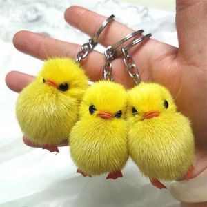 Keychains Leuke Pompom Keychain Real Fur Mink Yellow Duck Car Key Pendant Animal Children Toy Gifts For Women Bag267K
