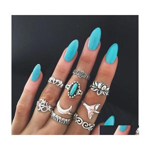 Cluster Rings 9Pieces/Set Joint Ring For Women Wide Index Finger Bohemian Retro Totem Carved Geometric With Elephant Lotus Drop Deli Dhdmc