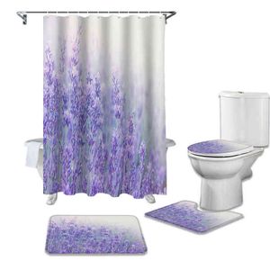 Fantasy Flower Lavender Plant Purple Shower Curtain Sets Non-Slip Rugs Toilet Lid Cover Bath Mat Waterproof Bathroom Curtains G220426