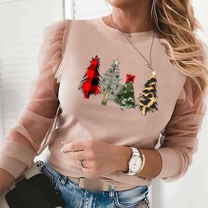 Kvinnor Fashion Casual Long Sleeve Tops Sheer Mesh Splicing Blue Feamle Sweetstyle Christmas Tree Print Ruffles Design Tops 210716
