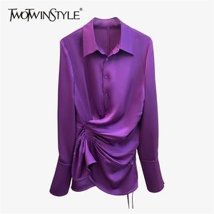 TWOTWINSTYLE Rüschen Verband Hemd Tops Weibliche Lange Hülse Spitze up Schlanke Frauen Bluse Mode Kleidung Herbst Frühling 210401