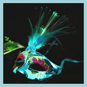 Party Masks Festive Supplies Home Garden Led Princess Feather Mask Glowing Fiber Halloween Masquerade Luminous Toy Props Childrens Toys Fa