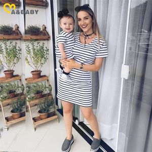 Mababy Summer Family Clothing Matching Outfits Mother and Daughter Clothes Casual Striped Dresses Family Look DD43 220531