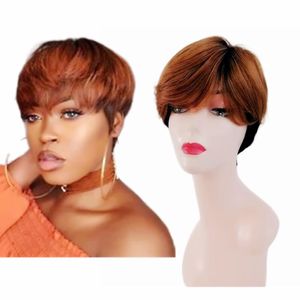 Short Wigs Pixie Cut For Black Women Real Human Hair With Bangs Wig B Ombre None Lace Front Inch
