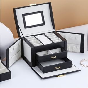 Pudełko biżuterii Duża szuflada pojemności skórzana do przechowywania Naszyjnik z lustrem Organizer 210309