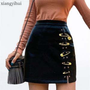 Plus Size 4XL Gothic Punk Pu Leather Skirts Women Fashion Black Pin Aline Skirt Female High Waist Package Hip Mini Skirt 210306