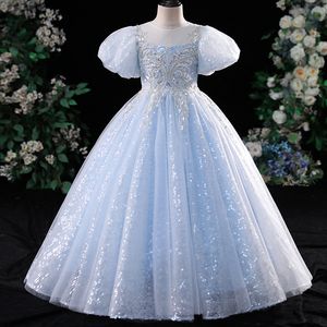 Blue Crystal Long Flower Girls Kleider Festzugskleider Perlen Kleinkindkäse Kleidung kleine Kinder Baby Mädchen Geburtstag Weihnachtskleider 403